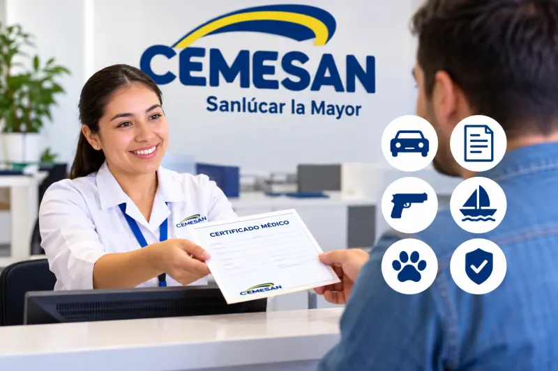 Empleada de CEMESAN entregando un certificado médico a un cliente en Sanlúcar la Mayor, con iconos de permisos de conducir, armas, navegación, animales potencialmente peligrosos y seguridad privada.